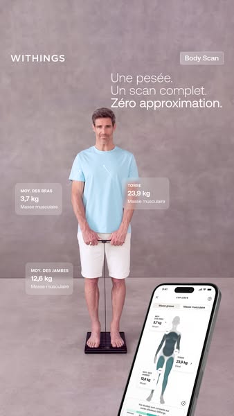 This ad for Withings body scan focuses on using their scale to provide a full body scan with zero approximation.