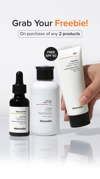 This ad for minimalist skincare features three different skincare products and a call to action to buy any two products 