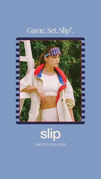 An image ad showcases a model wearing a limited-edition "Game. Set. Slip" sleep mask from the brand Slip. The 