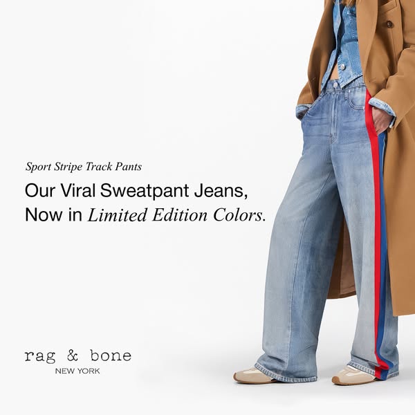 This ad for Rag & Bone features a pair of blue 'Sport Stripe Track Pants' and informs the viewer that these 