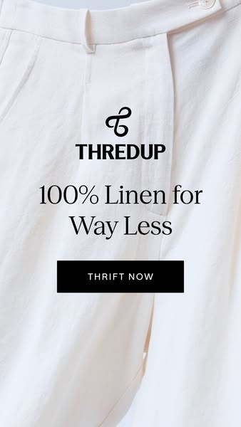 This is a paid social image ad for thredUP, an online consignment and thrift store. The ad is promoting linen clothing.