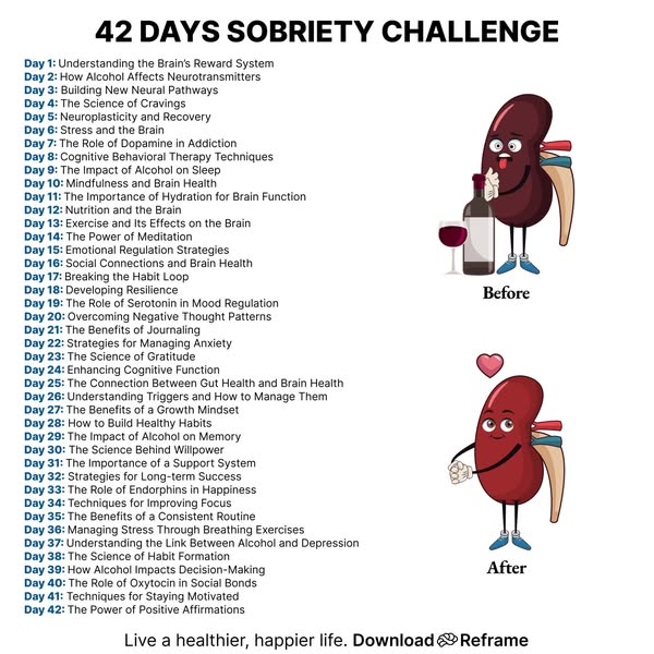 This ad promotes Reframe, a program designed to help people achieve sobriety. It presents a 42-day sobriety challenge, o