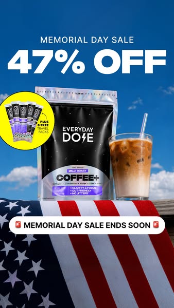 This ad features a bag of Everyday Dose Coffee+ and a glass of iced coffee against a background of the American flag. Te