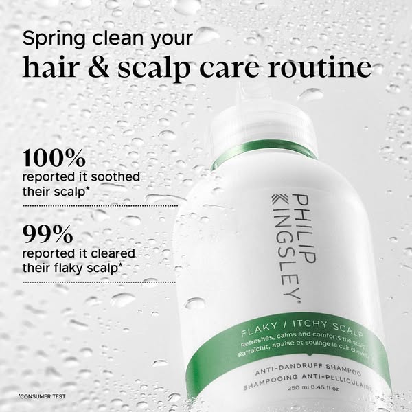 This image ad highlights the Philip Kingsley Flaky/Itchy Scalp Anti-Dandruff Shampoo. It presents product features as co