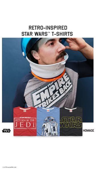 An image ad features a man wearing a Star Wars themed shirt and helmet, advertising Homage's retro-inspired Star War