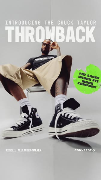An image ad promoting the Chuck Taylor Throwback Converse shoes, emphasizing their wider fit and fat laces, presented in