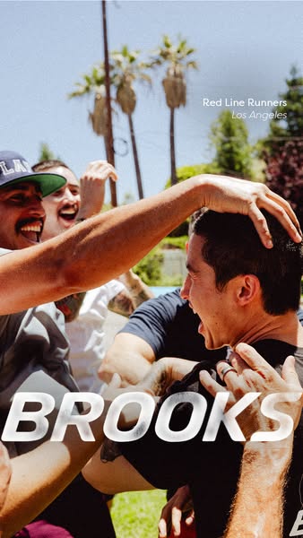 This Brooks ad shows a group of young runners celebrating a victory together with the name of the brand layered in the f