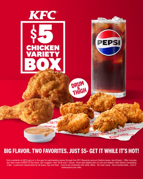 This ad for KFC highlights a limited time variety box for $5. The image showcases the components of the box and indicate