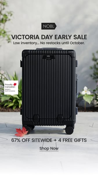 This ad for NOBL luggage promotes a Victoria Day early sale. It features a black carry-on suitcase on a stone surface wi