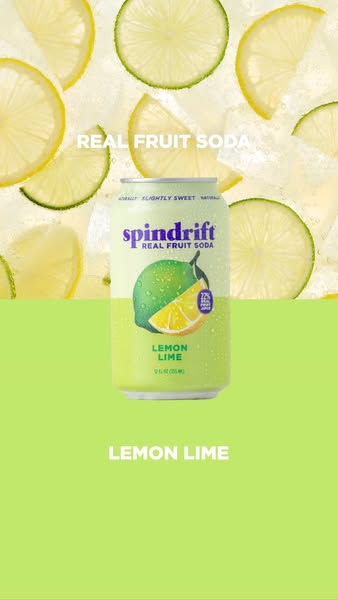 This ad features a can of Spindrift Lemon Lime sparkling water, set against a backdrop of ice and lemon and lime slices,