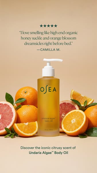 This image ad uses a customer testimonial to highlight the iconic citrusy scent of OSEA's Undaria Algae Body Oil. Th