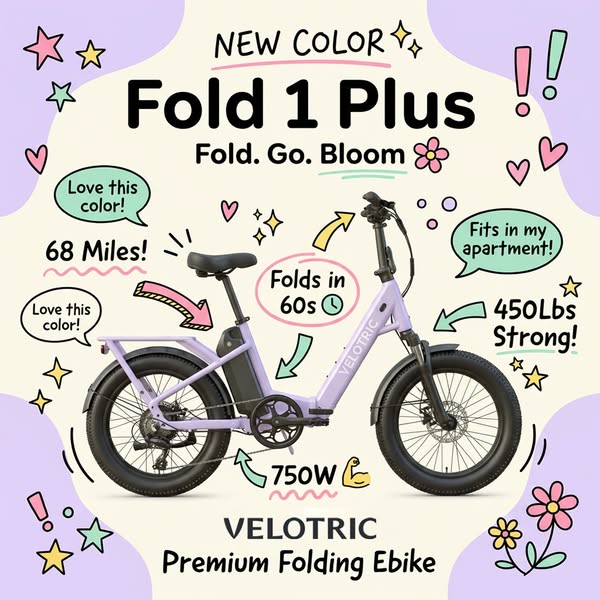 This image ad promotes the Velotric Fold 1 Plus ebike, highlighting its portability, range, and power with annotations.