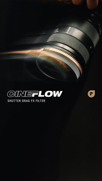 This ad showcases a Cineflow shutter drag FX filter attached to a Sony camera lens. The ad uses a close-up shot of the l