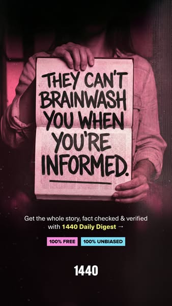 This image ad is for 1440 Daily Digest. It features a person holding up a book that reads, "THEY CAN'T BRAINWAS