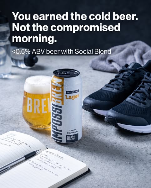 This ad promotes Impossibrew, a non-alcoholic beer, positioning it as a way to enjoy the taste of beer after a workout w