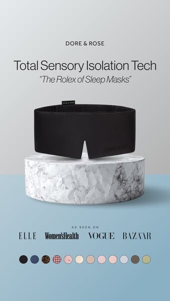 A prestige sleep mask is displayed in a minimal studio setting, highlighted by publication logos that imply high quality