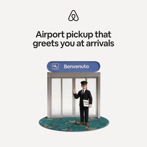 The ad features a miniature diorama promoting airport pickup services. It includes a small figure standing in front of a