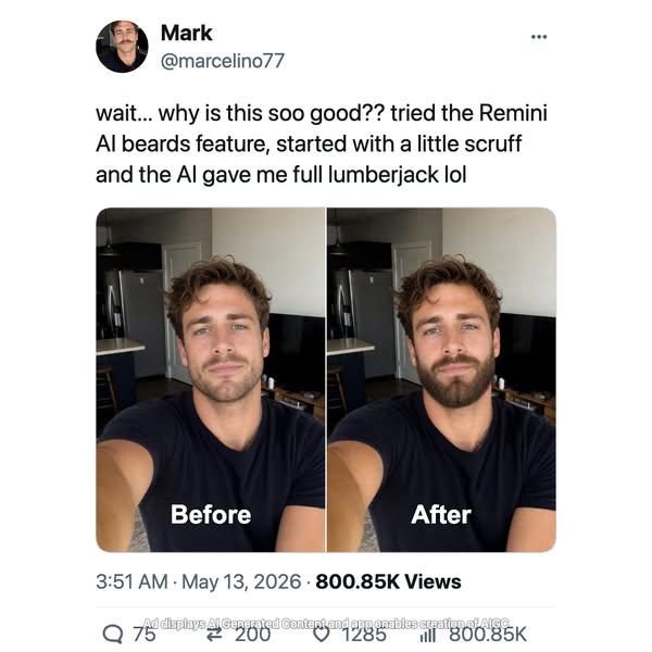 This ad for Remini features a user testimonial formatted to look like a social media post. The user shares their positiv