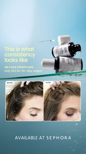 This ad for HG Lock Drops Duo compares 'before' and 'after' photos of hair, highlighting the product'