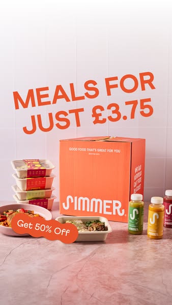 This ad promotes Simmer, a meal delivery service, offering meals for just £3.75 and a 50% off discount.