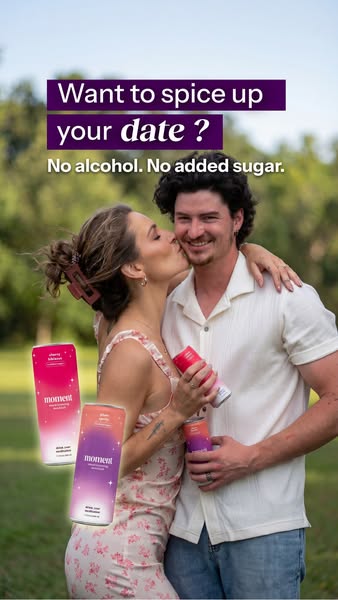 This image ad features a couple outdoors with Moment drink cans and promotes the alcohol and sugar-free beverage as a wa