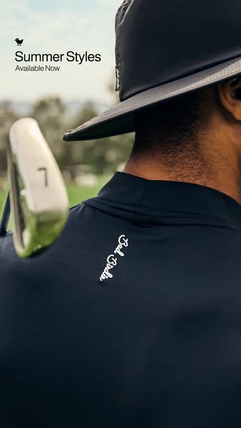 This ad for Bad Birdie golf apparel showcases a summer style shirt and bucket hat on a golf course.