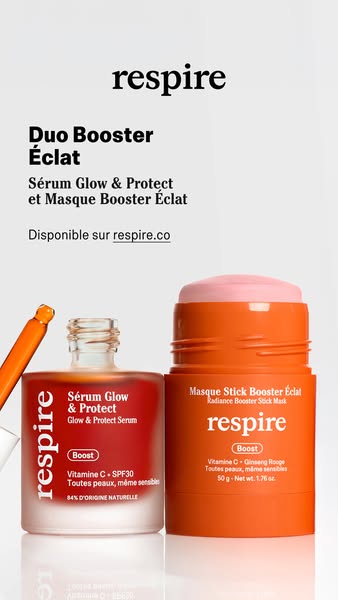 An image ad for Respire's Duo Booster Éclat featuring the Sérum Glow & Protect and Masque Booster Éclat. The ad 