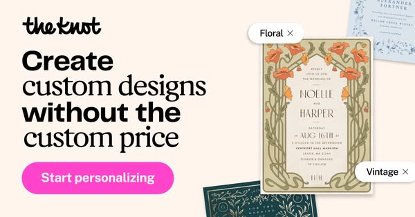 This ad promotes The Knot's service for creating custom design wedding invitations without custom pricing. The ad fe