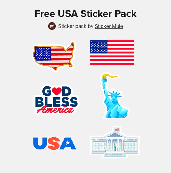 This image ad promotes a free USA-themed sticker pack by Sticker Mule. The ad features various stickers, including the U