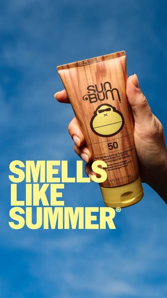 This ad for Sun Bum sunscreen emphasizes its pleasant summer scent. A tube of Sun Bum sunscreen is prominently displayed