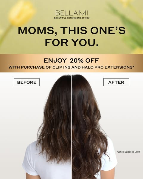 This image ad for Bellami promotes clip in and Halo Pro extensions with an offer of 20% off to mothers. The ad features 