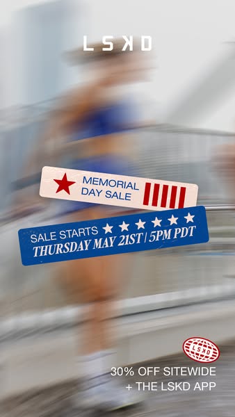 This ad announces a Memorial Day sale from LSKD, offering 30% off sitewide and extra perks for LSKD app users. It uses a