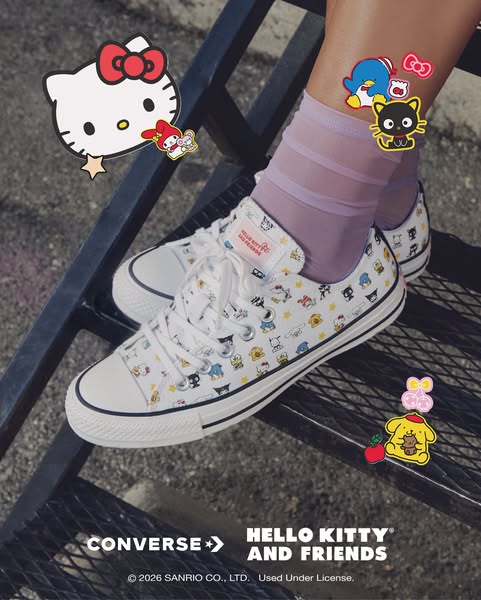 This image ad features a pair of Converse sneakers with a Hello Kitty and Friends design, emphasizing a collaborative pr