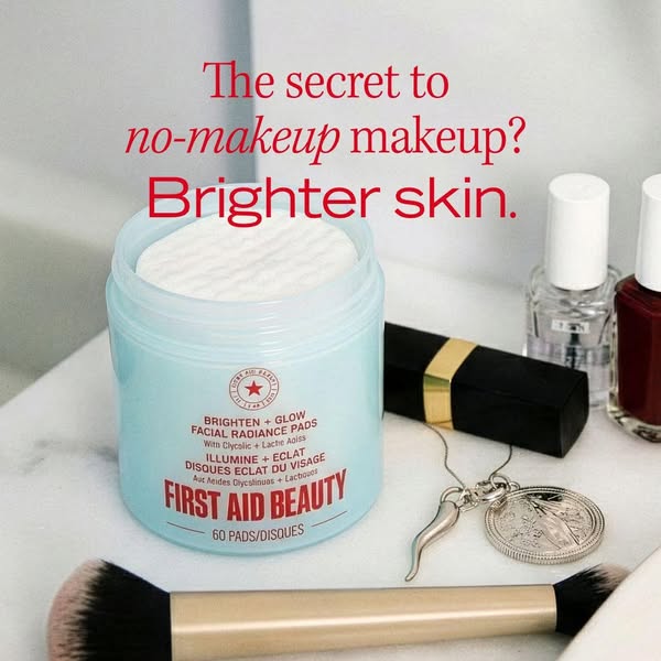 This ad features First Aid Beauty's Brighten + Glow Facial Radiance Pads and focuses on how they can help you achiev