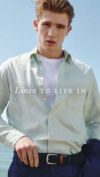 This ad features a photo of a male model wearing a light blue linen shirt. The caption states that this is "Linen t