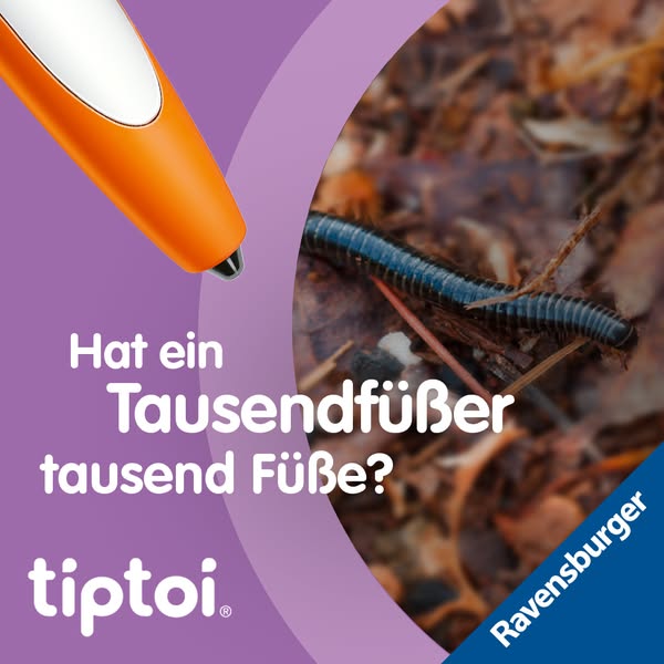 An image ad for tiptoi® featuring a question about millipedes. The ad uses contrasting colors and a close-up shot of a m