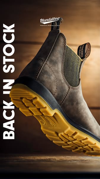 The ad features a Blundstone boot with the text overlay "Back in Stock".