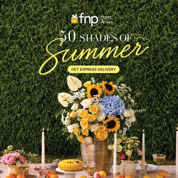 This image ad promotes Ferns N Petals' summer collection of floral arrangements, highlighting their variety and expr
