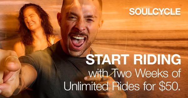 This image ad for SoulCycle features an instructor pointing at the viewer with the offer of two weeks of unlimited rides