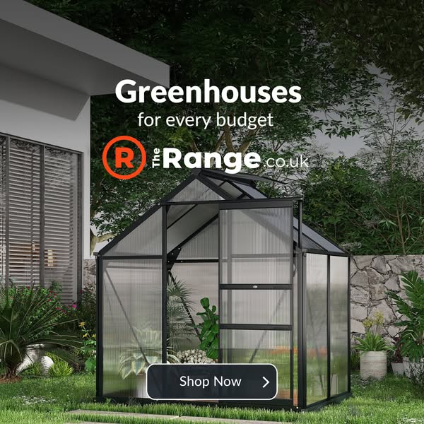 This image ad showcases a greenhouse available from The Range, emphasizing its affordability. The ad uses a lifestyle sh