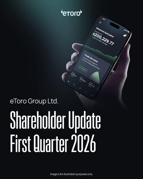This ad provides a shareholder update for eToro, showing a phone displaying a large account balance.
