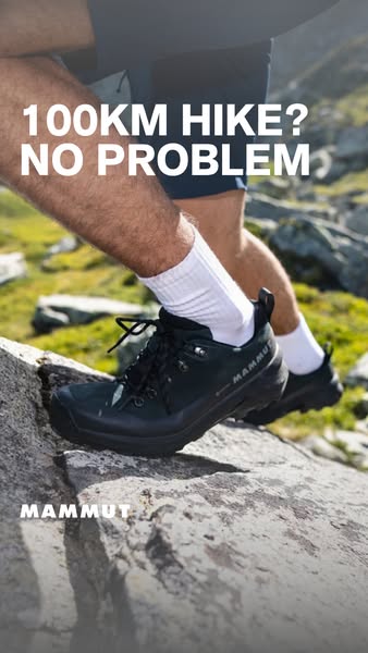 This ad presents a hiking shoe and highlights its ability to handle a 100km hike, suggesting that it is high-quality and