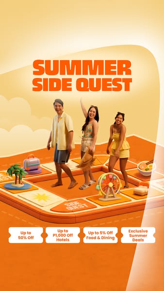 This image ad is for a summer promotion. It features three people standing on a board game that is designed to look like