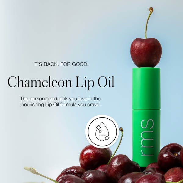 This ad promotes RMS Beauty's Chameleon Lip Oil, emphasizing its personalized pink shade and nourishing formula. The