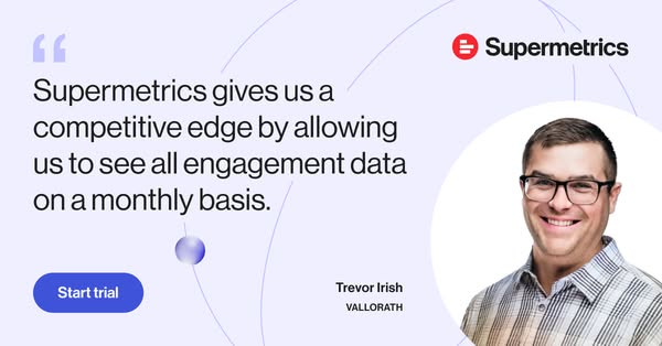 This ad features a testimonial from a customer named Trevor Irish from Vallorath, who states that Supermetrics gives the