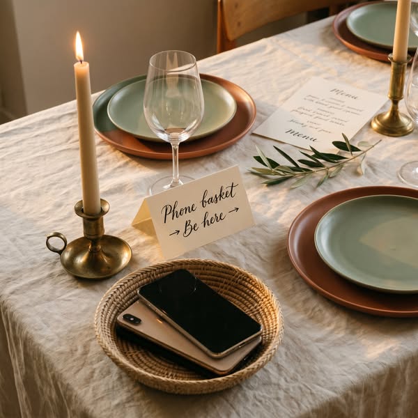 This image ad promotes the idea of having a designated 'phone basket' at the dinner table to encourage people to