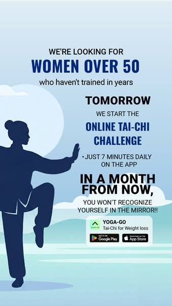This image ad promotes Yoga-Go's online Tai-Chi challenge for women over 50 who haven't trained in years. It pro