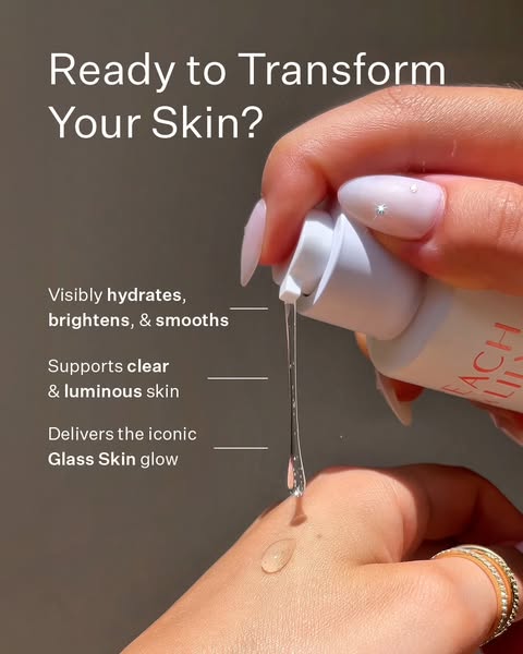 Image ad for Peach and Lily Glass Skin serum. A woman's hand dispenses a clear serum onto the back of her other hand