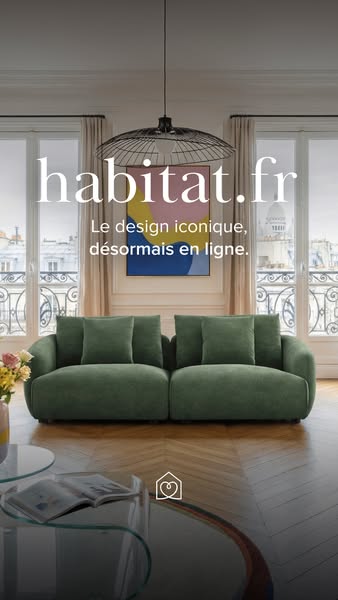 This ad showcases a green couch from Habitat.fr. The headline states 'iconic design, now online' suggesting acce