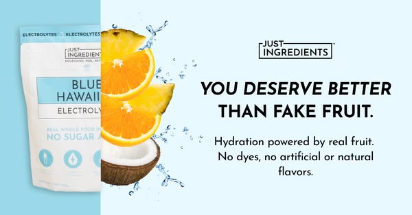 This image ad for Just Ingredients promotes their Blue Hawaii electrolyte powder as a healthy hydration solution made wi
